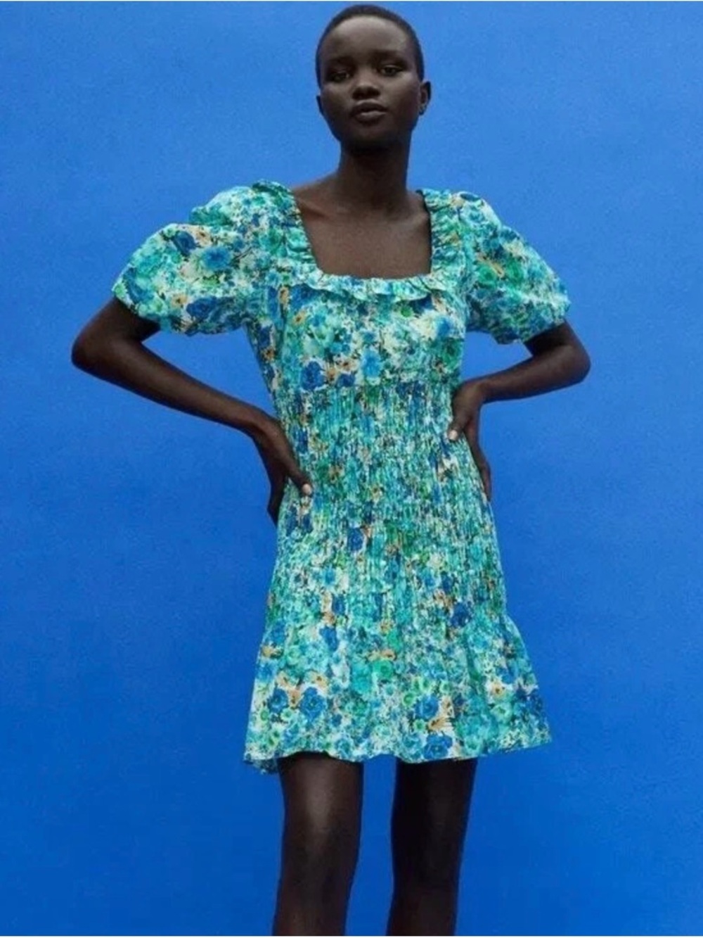 ZARA Floral Smocked Ruffle Puff Sleeve Minidress - NWOT